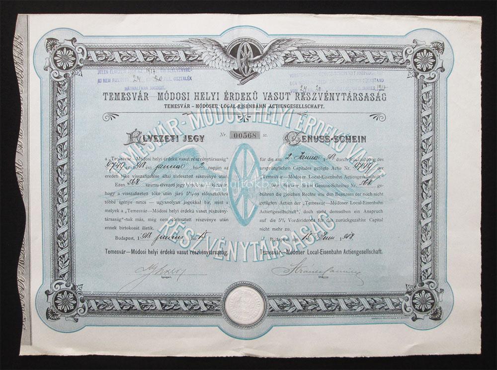Temesv�r-M�dosi H�V Vas�t �lvezeti jegy 1918 (ROU-SRB)